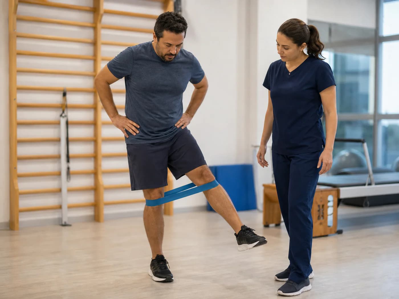 Adulto em exercício orientado de reabilitação